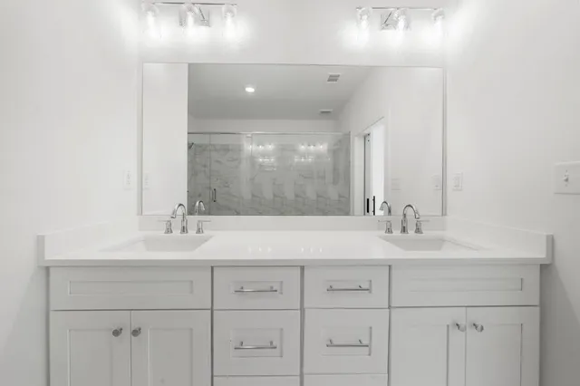 a bathroom with a double vanity sink a mirror and a shower