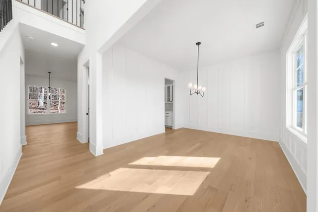 a view of a room with a large window