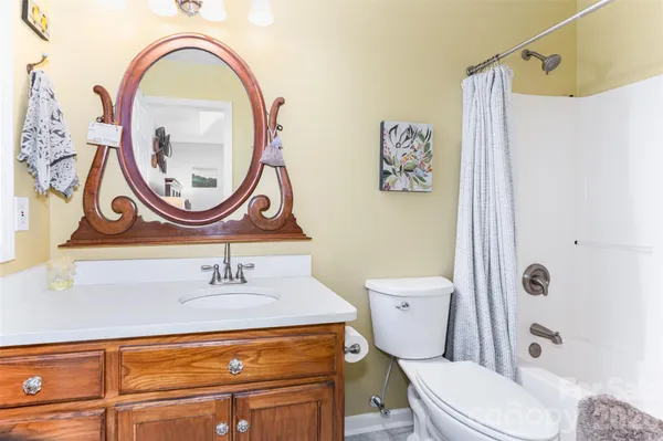 a bathroom with a sink a mirror a toilet and a shower
