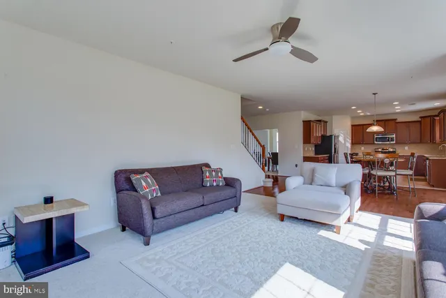 a living room with furniture kitchen view and a potted plant