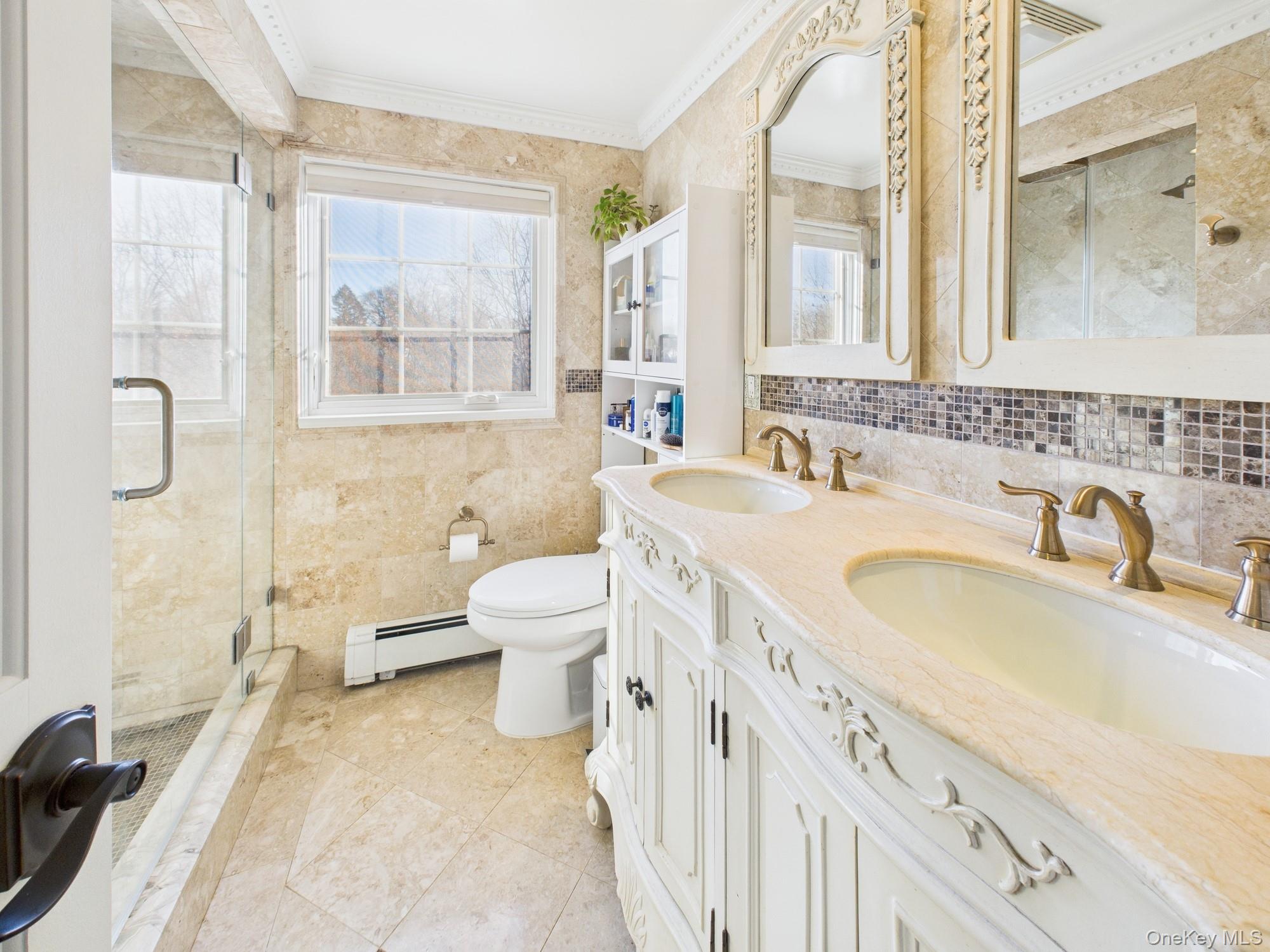 7 Avondale Road Yonkers, NY 10710 - Photo 29 of 36 a bathroom with a granite countertop sink a toilet a mirror and a tub