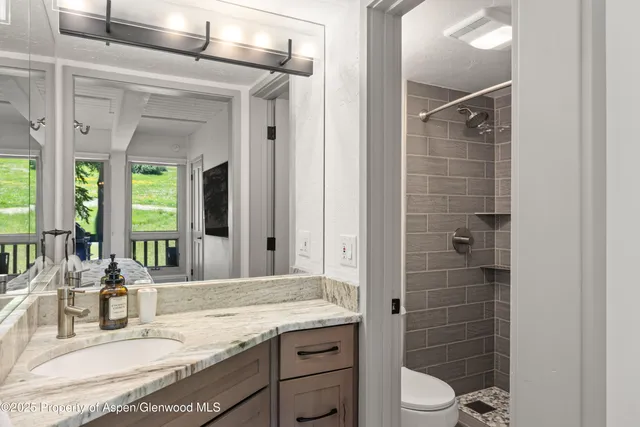 a bathroom with a granite countertop sink toilet and shower