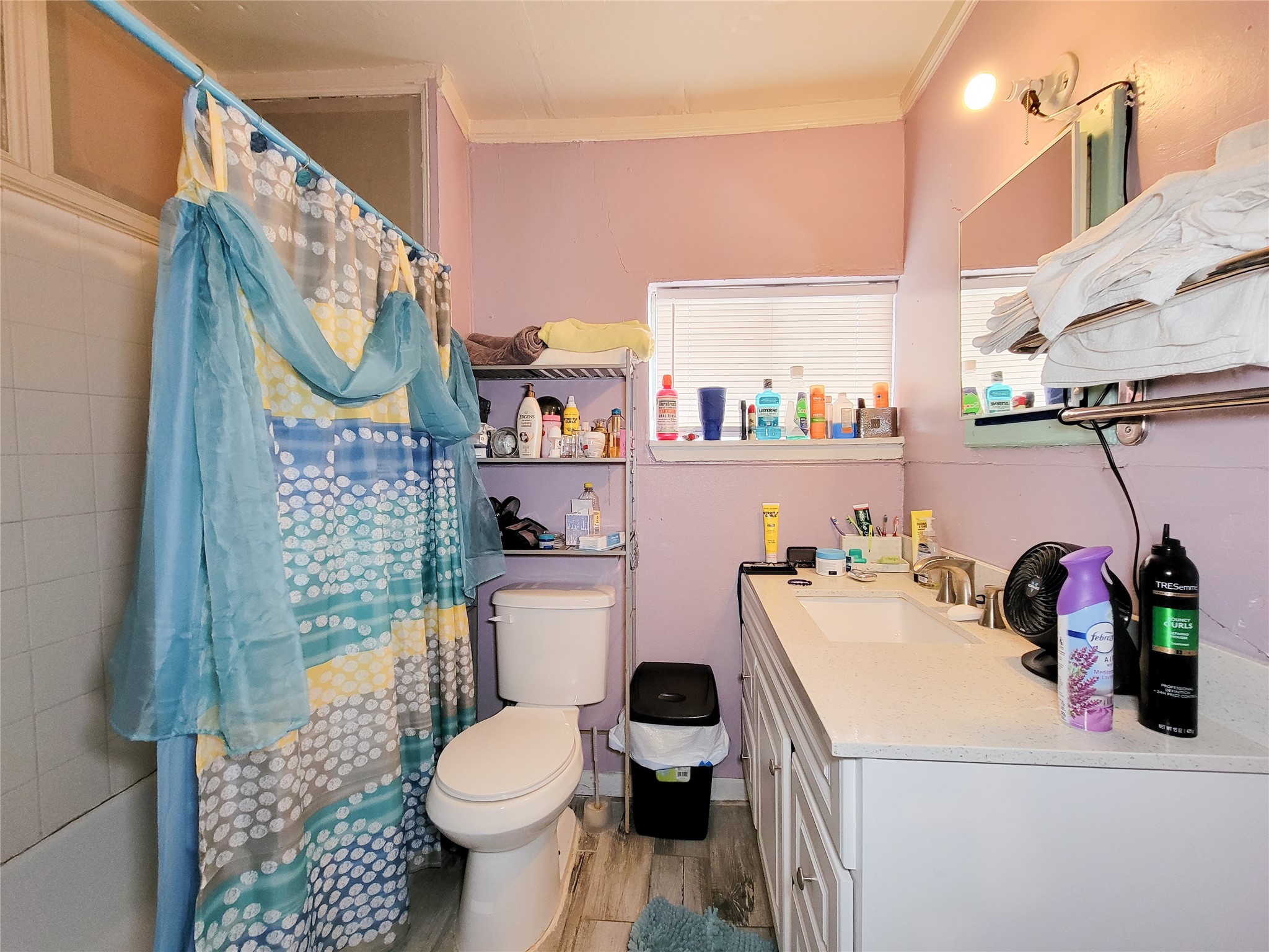 418 Bishop Street Houston, TX 77009 - Photo 19 of 32 a bathroom with a sink a toilet and a shower curtain