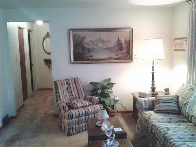 a living room with furniture potted plant and a chandelier