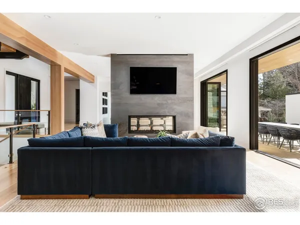 a living room with a couch a flat screen tv and a fireplace
