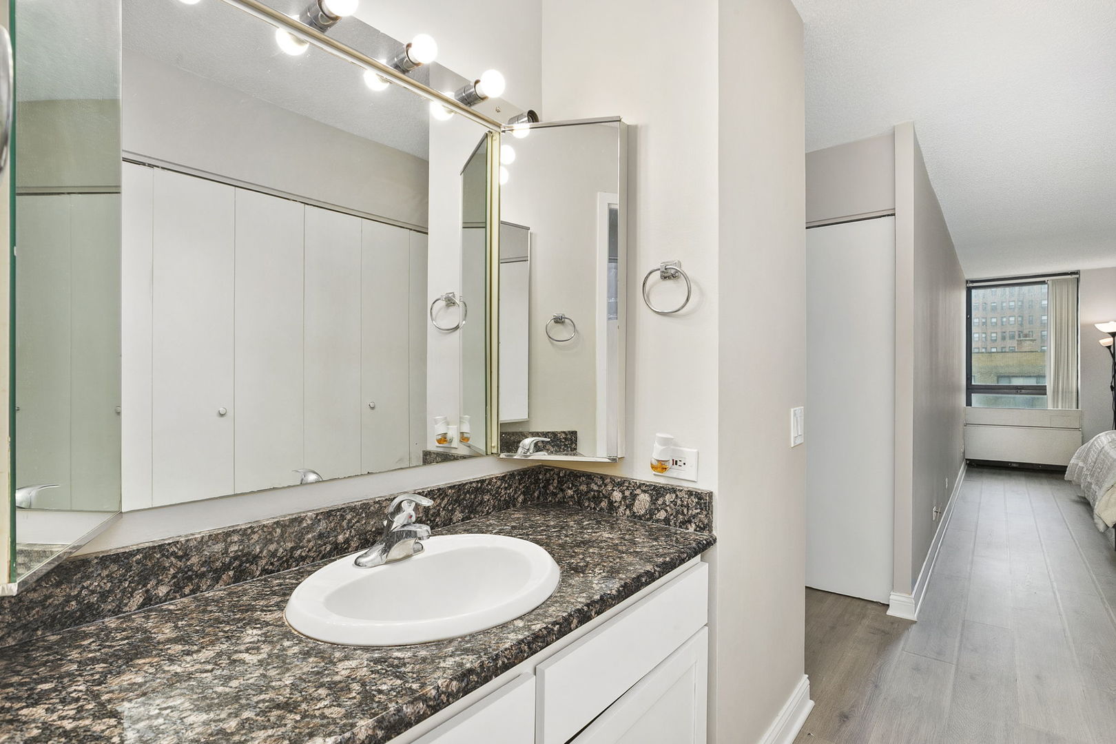 5320 North Sheridan Road, Unit 403 Chicago, IL 60640 - Photo 17 of 36 a bathroom with a granite countertop sink and a mirror