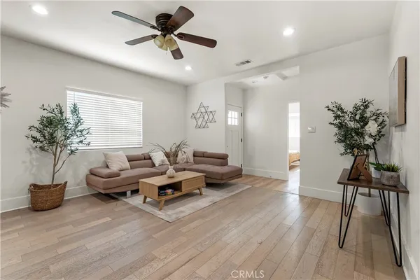 a living room with furniture and a potted plant