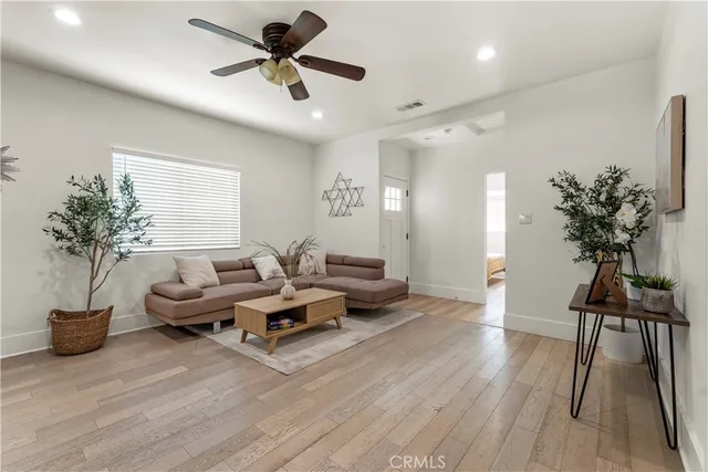 a living room with furniture and a potted plant