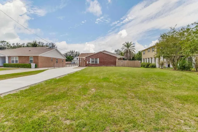 a view of a city with tall buildings and a big yard