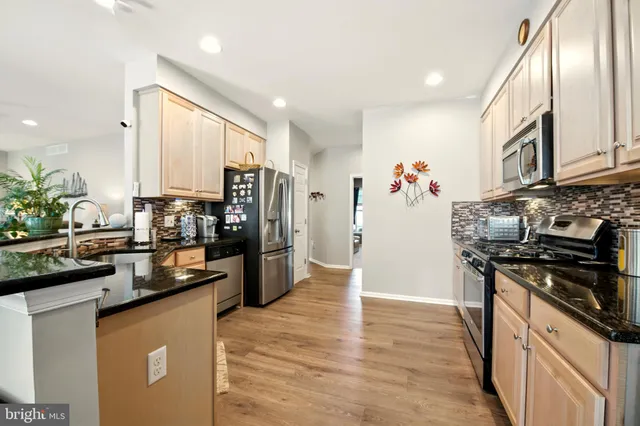 a kitchen with stainless steel appliances granite countertop a refrigerator a stove and a refrigerator