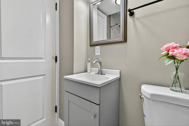 a bathroom with a sink a toilet and mirror