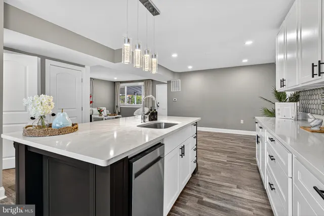 a kitchen with kitchen island a sink appliances and a counter top space