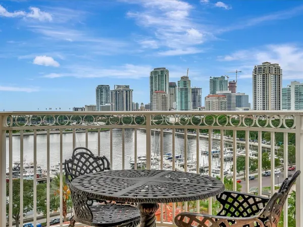 a view of a lake with tall building