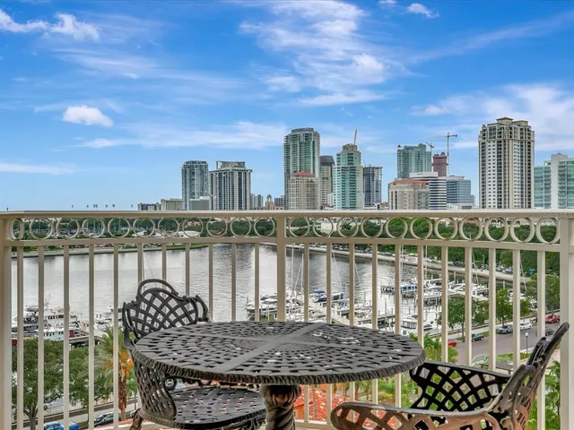 a view of a lake with tall building