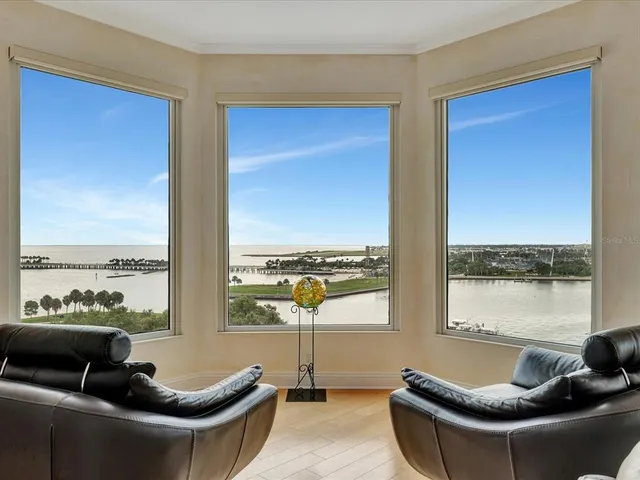 a living room with furniture and a floor to ceiling window
