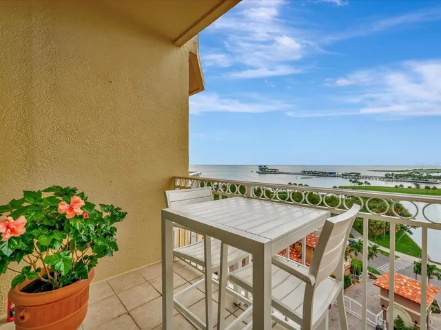 a roof deck with table and chairs and potted plants