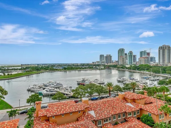 a view of a lake with a city