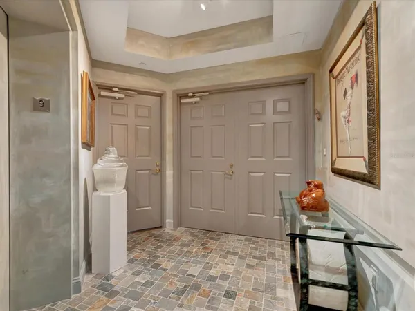 a living room with closet