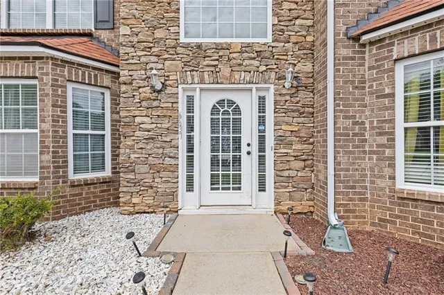 a front view of a brick building