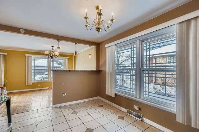 a view of a chandelier and window