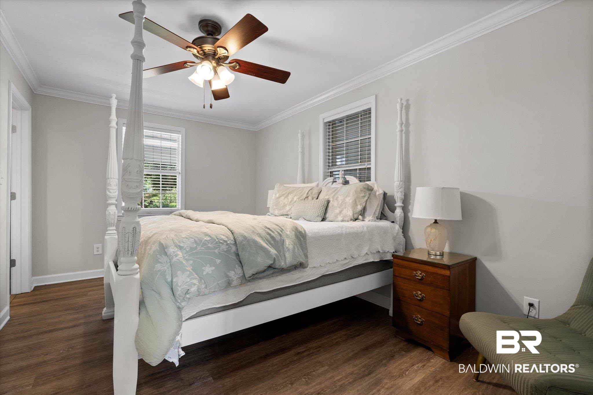 3715 Latigo Road Mobile, AL 36695 - Photo 15 of 39 Bedroom featuring wood finished floors, crown molding, baseboards, and ceiling fan