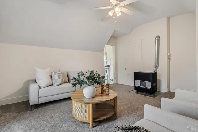 a living room with furniture a fireplace and a potted plant