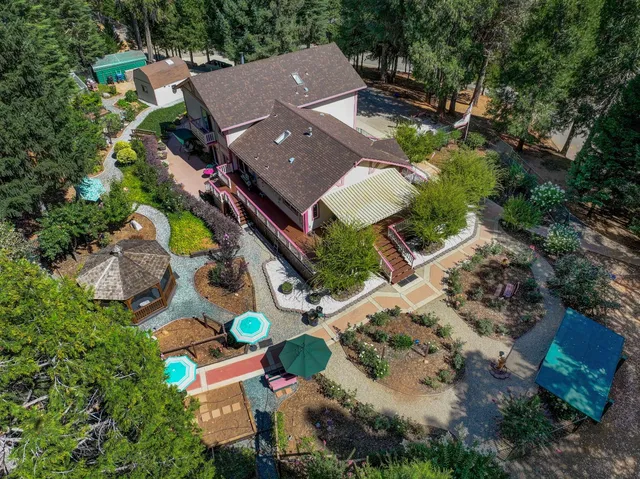 a garden view with a seating space