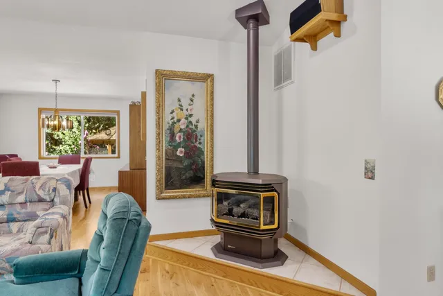 a view of a backyard with large trees