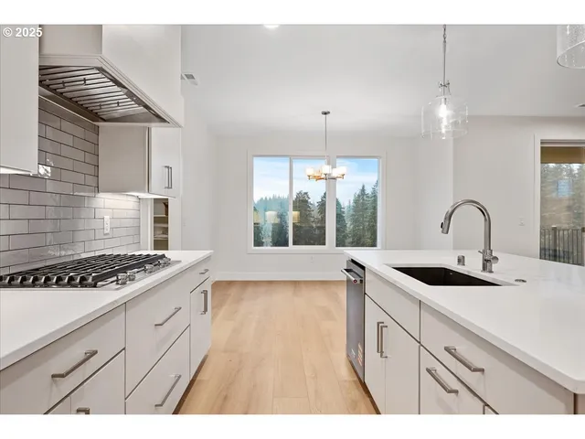 a kitchen with stainless steel appliances a sink a stove and cabinets