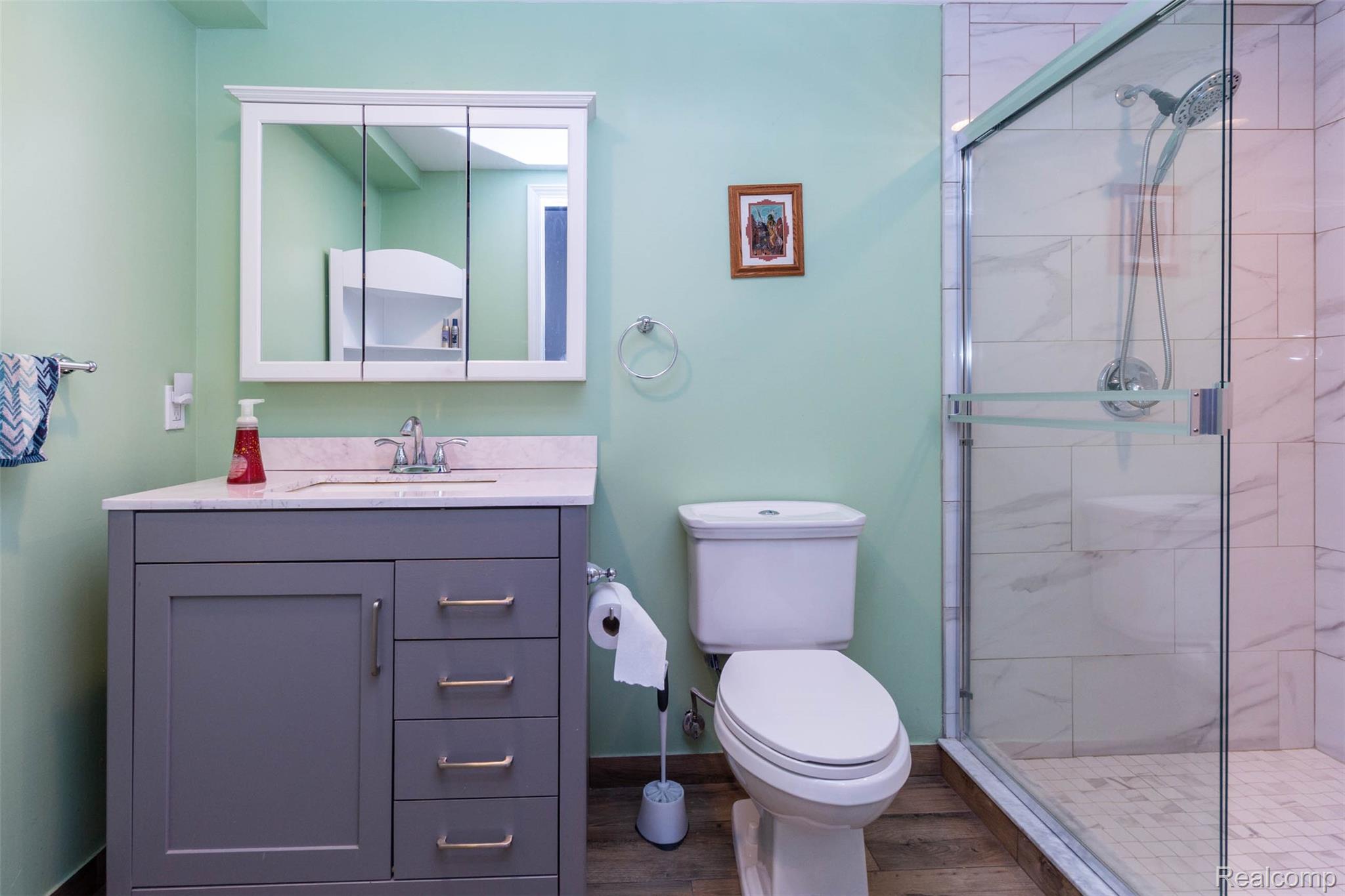 36039 Curtis Road Livonia, MI 48152 - Photo 46 of 61 Bathroom featuring a gray vanity with an integrated sink, tri-fold mirrored medicine cabinet, and a glass-enclosed shower with a handheld shower head