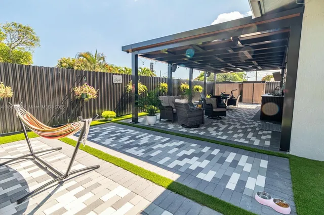 a view of a backyard with plants and a table