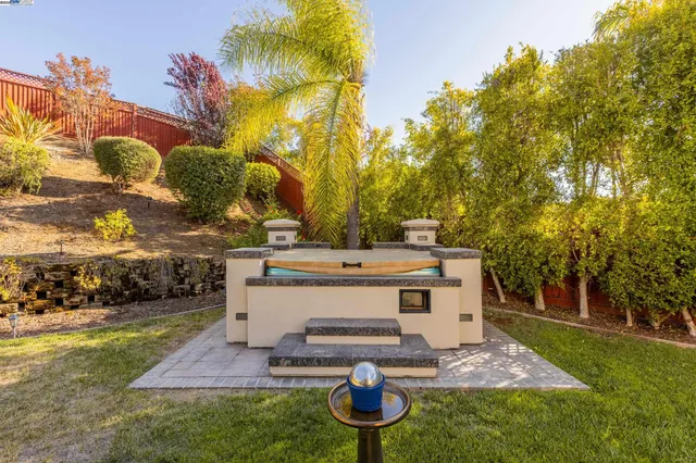 a view of a yard with plants and a fountain