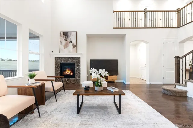 a living room with furniture a rug and a fireplace