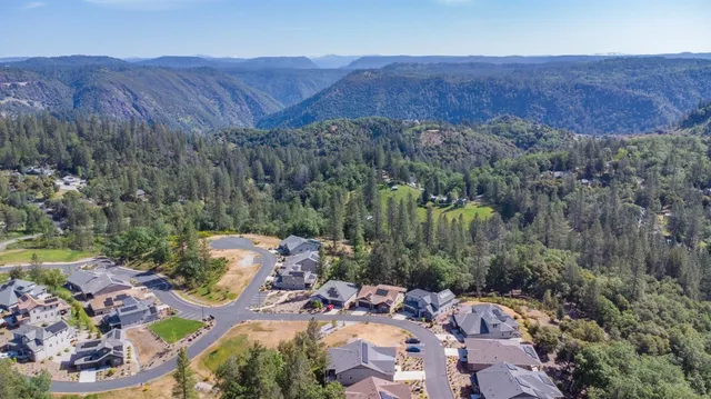 a view of a lush green field and mountains
