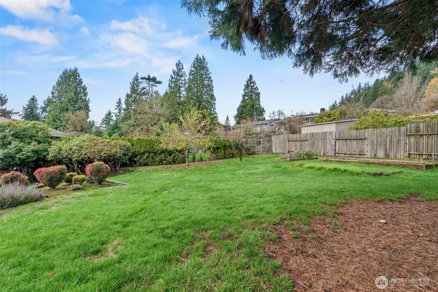 a garden with trees in front of it