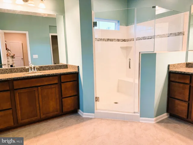 a bathroom with a sink a mirror and a shower