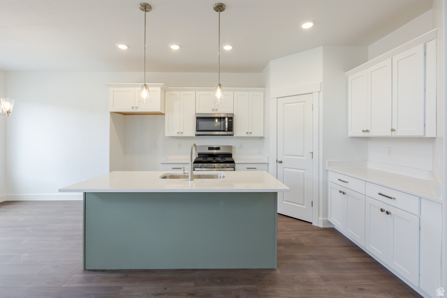 4816 Heartwood Road, Unit 423 Mapleton, UT 84664 - Photo 5 of 21 Two tone kitchen featuring an island with sink, stainless steel appliances, dark wood-style flooring, light stone counters, and pendant lighting