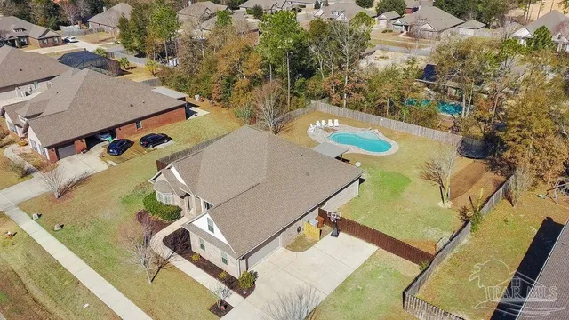 an aerial view of a swimming pool