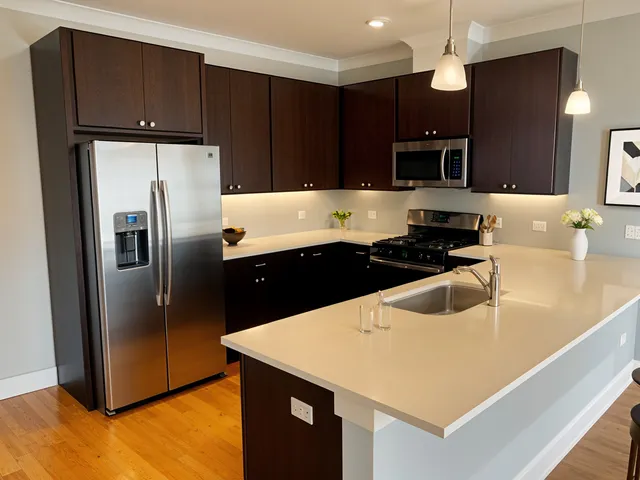 a kitchen with stainless steel appliances a refrigerator a sink a stove a microwave and island