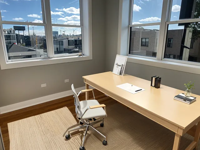 a view of a dining room with furniture and window