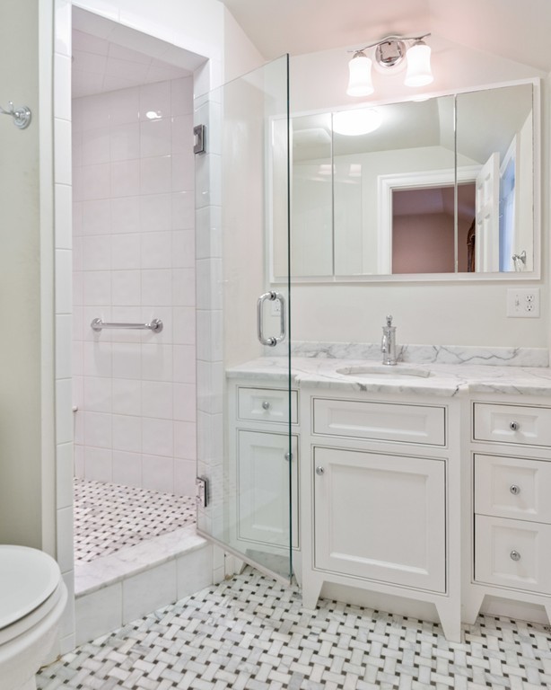 21 Fairway Road Brookline, MA 02467 - Photo 19 of 30 a bathroom with a sink a toilet a shower and a mirror