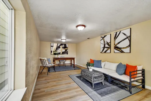 a backyard of a house with wooden stairs