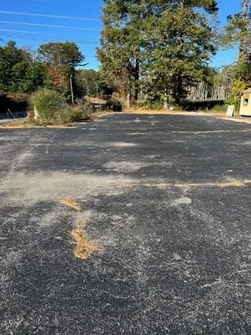 a view of dirt yard with a large tree