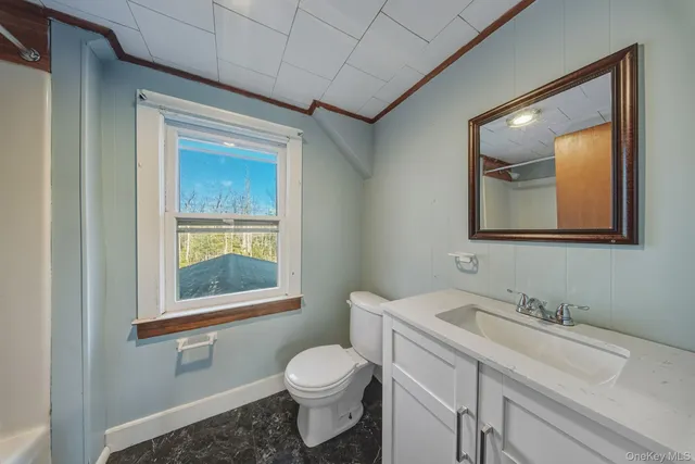 a bathroom with a toilet sink and mirror