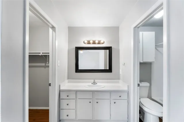 a bathroom with a sink a toilet and a large mirror