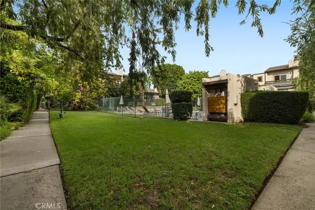 a view of a backyard with potted plants and large trees
