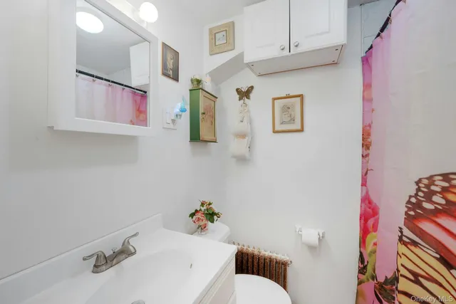 a bathroom with a sink mirror and toilet