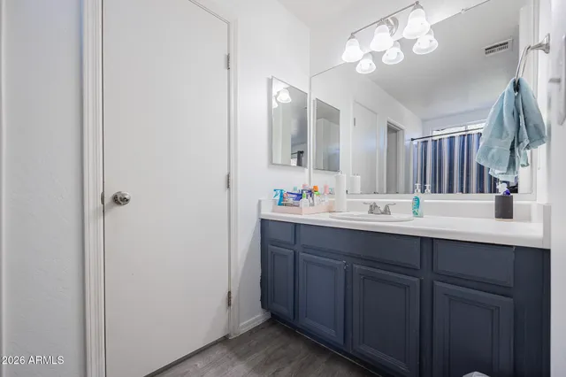 a bathroom with a sink double vanity and a mirror