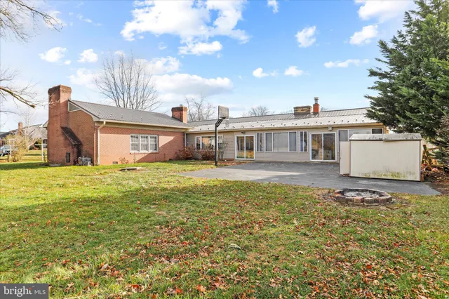 a backyard of a house with plants and large tree
