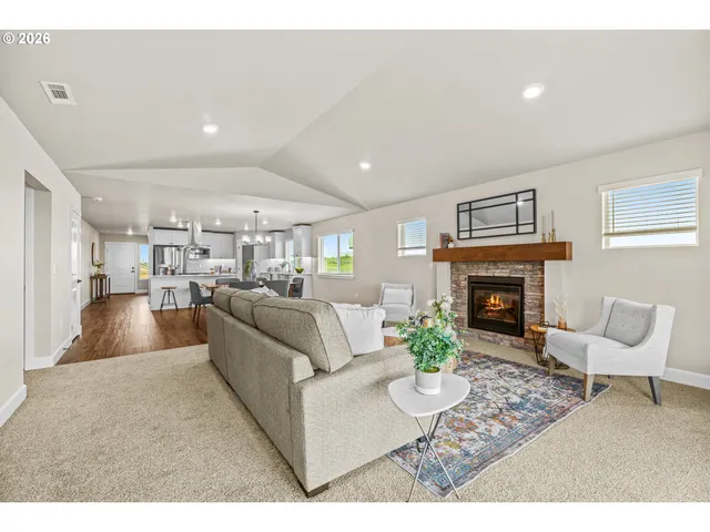a living room with furniture a fireplace and a fireplace
